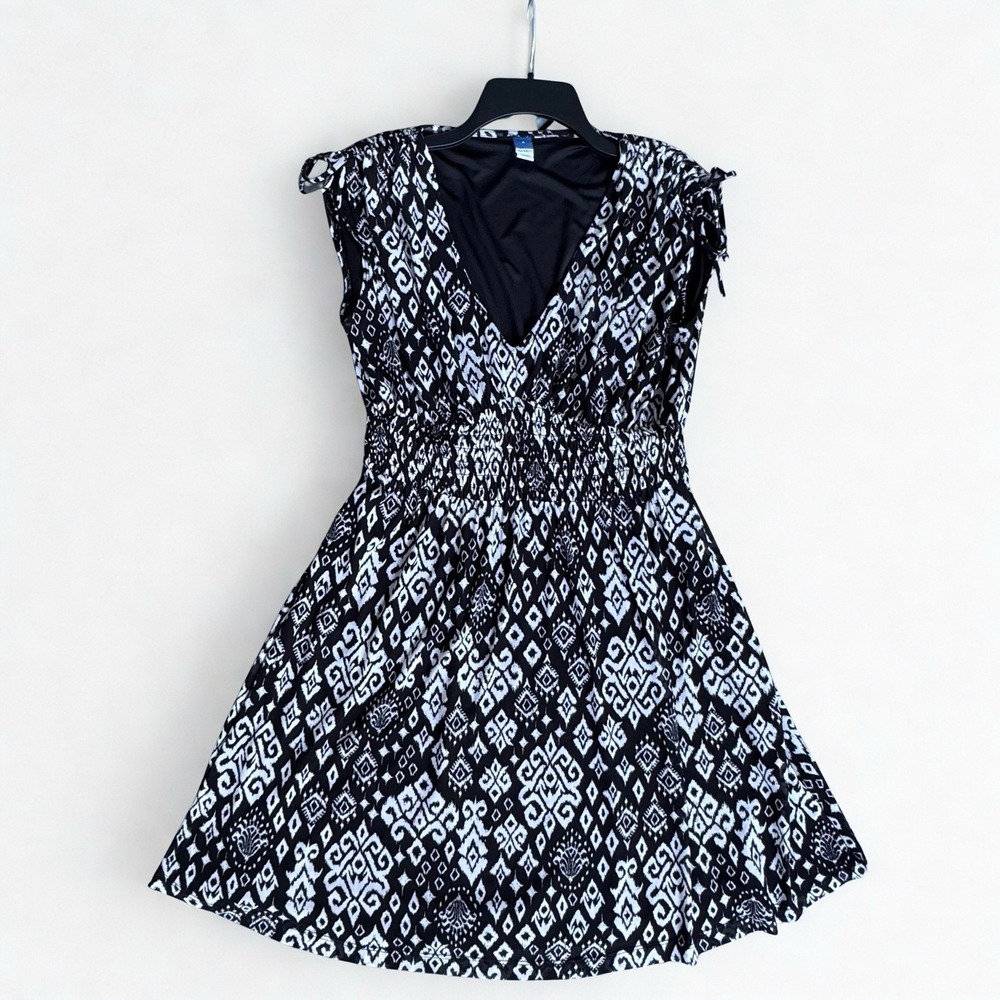 Old Navy Black White Tribal Print‎ Dress M Boho Sleeveless V-Neck Mini